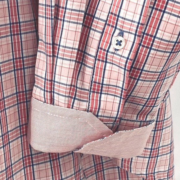 Izod Mens Flip Cuff Button Down Size S Premium Shirt Pink Blue Plaid Preppy - Picture 5 of 10